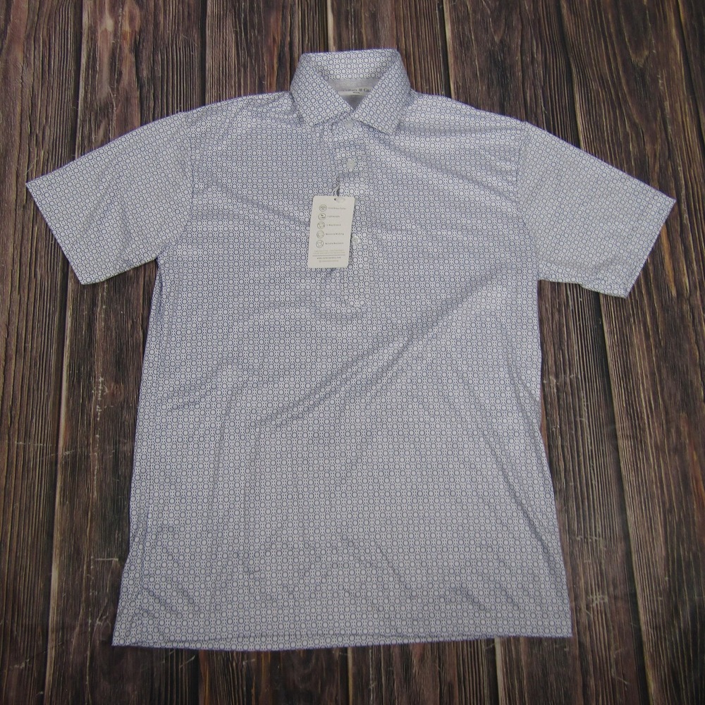 Collars & Co Polo Shirt Mens Medium Blue Geometric Dress Collar Golf Stretch